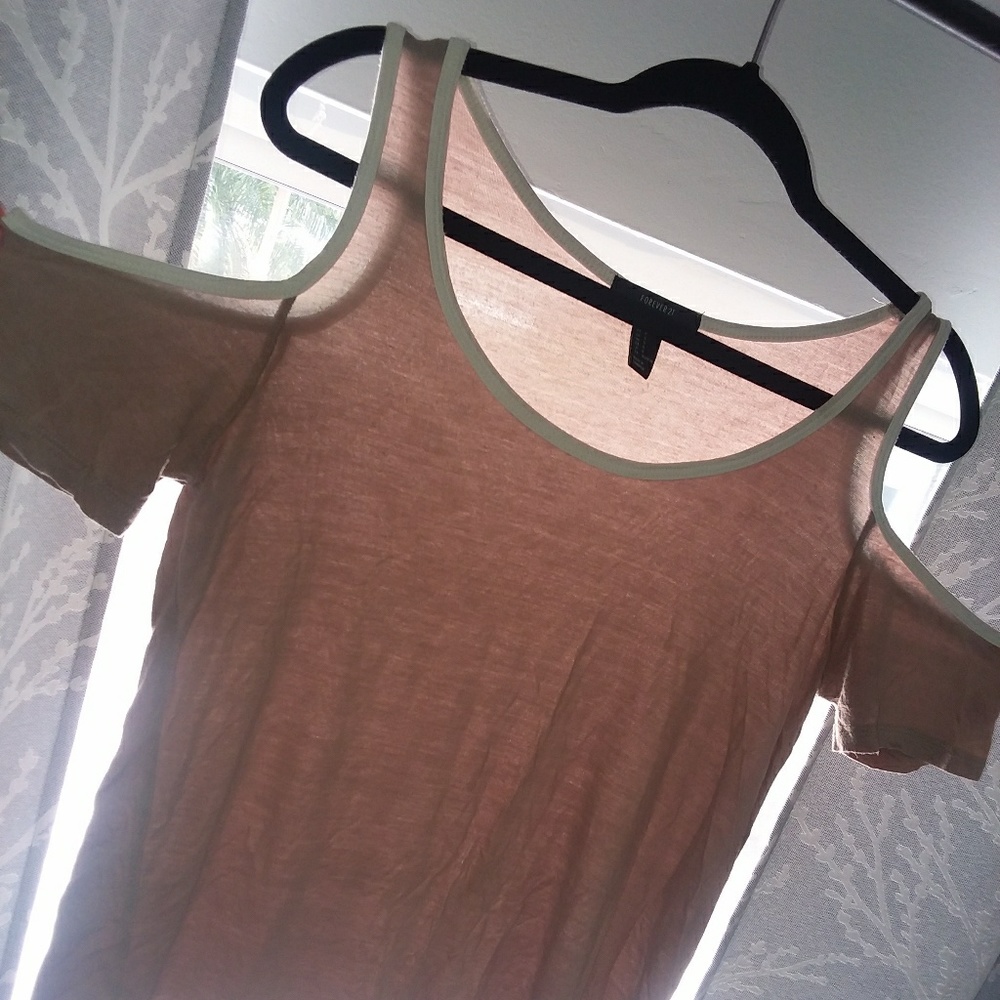 Forever 21 cropped shoulder tan t shirt